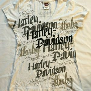 Womens Harley Davidson White Graphic V Neck Tee